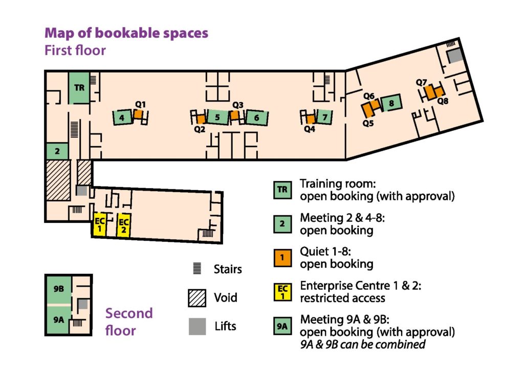 Map of bookable spaces first and second floor